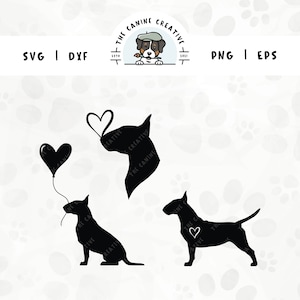 Pacchetto SVG Bull Terrier inglese / Clipart Silhouette cuore cane / Regalo fai da te per Bully Dog Mama, San Valentino, Anniversario / Gotcha Day Pet PNG