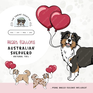 Australian Shepherd with Tail SVG | Dog with Heart Balloons Clipart | DIY Gift for Aussie Mama, Valentines, or Anniversary | Gotcha Day Pet