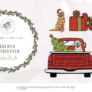 Golden Retriever Christmas SVG, Golden SVG, Gift Box png, Dog Santa Hat Art, Tangled Christmas Lights svg, Red Truck with Tree Clipart