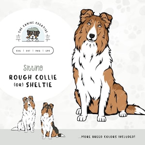 Sitting Rough Collie SVG | Shetland Sheepdog Clipart PNG | Printable Pet Illustration Design | DIY Gift for Sheltie Dog Lover, Mama, or Dad