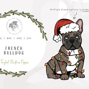 Frenchie Christmas SVG, French Bull Dog SVG, Tangled Christmas Lights SVG, Dog Santa Hat svg, Dog Christmas svg, Printable Dog Illustration