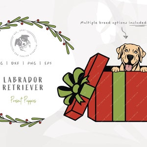 Labrador SVG Christmas, Lab Dog SVG, Peeking Dog PNG, Gift Box svg, Christmas Present Clipart, Vector Dog Illustration, Cricut Cut File