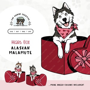 Alaskan Malamute SVG | Peeking Dog in Heart Box Clipart | DIY Mally Mama, Valentines, or Anniversary Gift | Gotcha Day Pet Adoption PNG