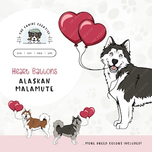 Alaskan Malamute SVG | Dog with Heart Balloons Clipart | DIY Gift for Mally Mama, Valentines, or Anniversary | Gotcha Day Pet Adoption PNG