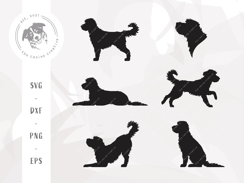 May include: Six black silhouette images of a dog in different poses. The dog is a doodle breed with a fluffy coat. The images are set against a white background.