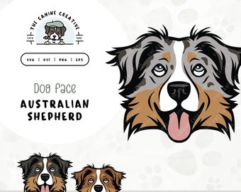 Australian Shepherd Face SVG | Mini Aussie Head Clipart PNG | Printable Pet Portrait Illustration | DIY Gift for Dog Lover, Mama, or Dad