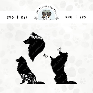 Könnte beinhalten: Drei schwarze Silhouettenbilder eines Hundes mit einer Blumenkrone, eines Hundes, der mit Blumen sitzt, und eines Hundes, der auf seinen Hinterbeinen steht und Schmetterlinge hat. Der Text "The Canine Creative" ist im Hintergrund sichtbar.