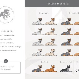 May include: A digital download of 19 layered SVG files, 1 single-layer SVG file, 20 PNG files, 12 DXF files, and 1 EPS file of an Australian Cattle Dog in various colors and markings. The colors included are mottled, speckled, solid, rare or mix, and outline.