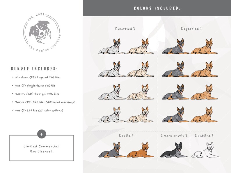 May include: A digital download of 19 layered SVG files, 1 single-layer SVG file, 20 PNG files, 12 DXF files, and 1 EPS file of an Australian Cattle Dog in various colors and markings. The colors included are mottled, speckled, solid, rare or mix, and outline.