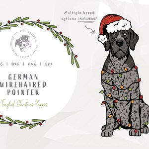 German Wirehaired Pointer SVG, GWP Christmas SVG, Tangled Christmas Lights svg, Dog Santa Hat svg, Dog Christmas svg, Printable Dog Art