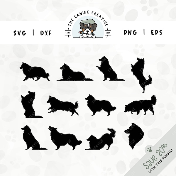 Rough Collie SVG Bundle | Dog Portrait Side Profile Shetland Sheepdog Breed Silhouette Clipart PNG | DIY Gift for Sheltie Lover, Mama, Dad
