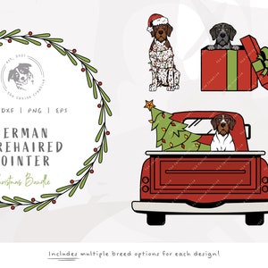 May include: A Christmas-themed digital design bundle featuring a German Wirehaired Pointer dog in various poses. The designs include a wreath, a dog wearing a Santa hat, a dog peeking out of a gift box, and a dog riding in the back of a red pickup truck with a Christmas tree.