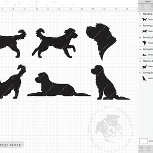 May include: Six black silhouette images of a doodle dog in different poses: standing, running, portrait, laying down, playing, and sitting. The images are on a white grid background with the text "Cricut Design Space" at the bottom.