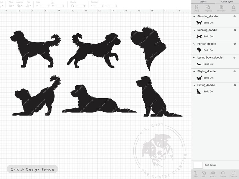 May include: Six black silhouette images of a doodle dog in different poses: standing, running, portrait, laying down, playing, and sitting. The images are on a white grid background with the text "Cricut Design Space" at the bottom.