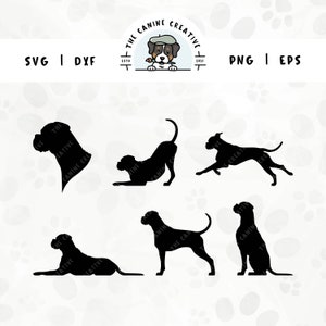Könnte beinhalten: Ein Satz von sechs schwarzen Silhouettenbildern von Hunden in verschiedenen Posen. Die Hunde sind alle nach vorne gerichtet, mit leicht zur Seite geneigten Köpfen. Die Bilder sind vor einem weißen Hintergrund angeordnet.
