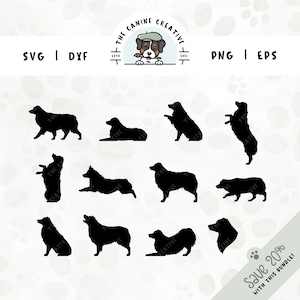 May include: A set of 10 black silhouette images of an Australian Shepherd dog in various poses, including sitting, standing, lying down, and jumping. The images are ideal for crafting projects, digital downloads, and more.