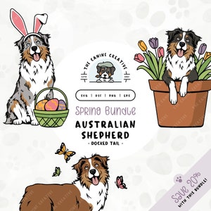 Op de afbeelding: Een digitale illustratieset van drie Australian Shepherd honden in verschillende scènes met een lentethema. Eén hond draagt konijnenoren en houdt een mand met paaseieren vast, een andere zit in een pot met bloemen en de derde hond zit met vlinders.
