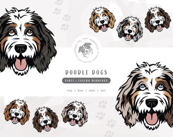 Parti Tuxedo Doodle SVG, Dog Face SVG, Bernedoodle SVG, Sheepadoodle Art, Aussiedoodle png, Goldendoodle Clipart, Labradoodle Illustration