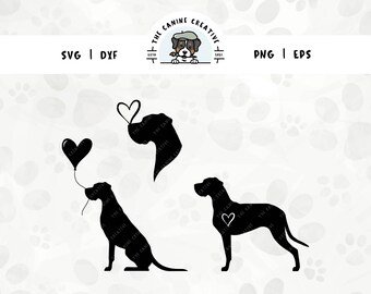 May include: Black and white silhouette of three dogs with hearts. One dog is holding a balloon shaped like a heart. Another dog has a heart on its chest. The third dog has a heart above its head.