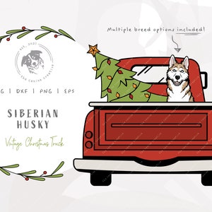 Siberian Husky Christmas SVG, Husky PNG, Red Truck Christmas SVG, Old Truck with Tree Clipart, Vector Dog Illustration, Printable Dog Art