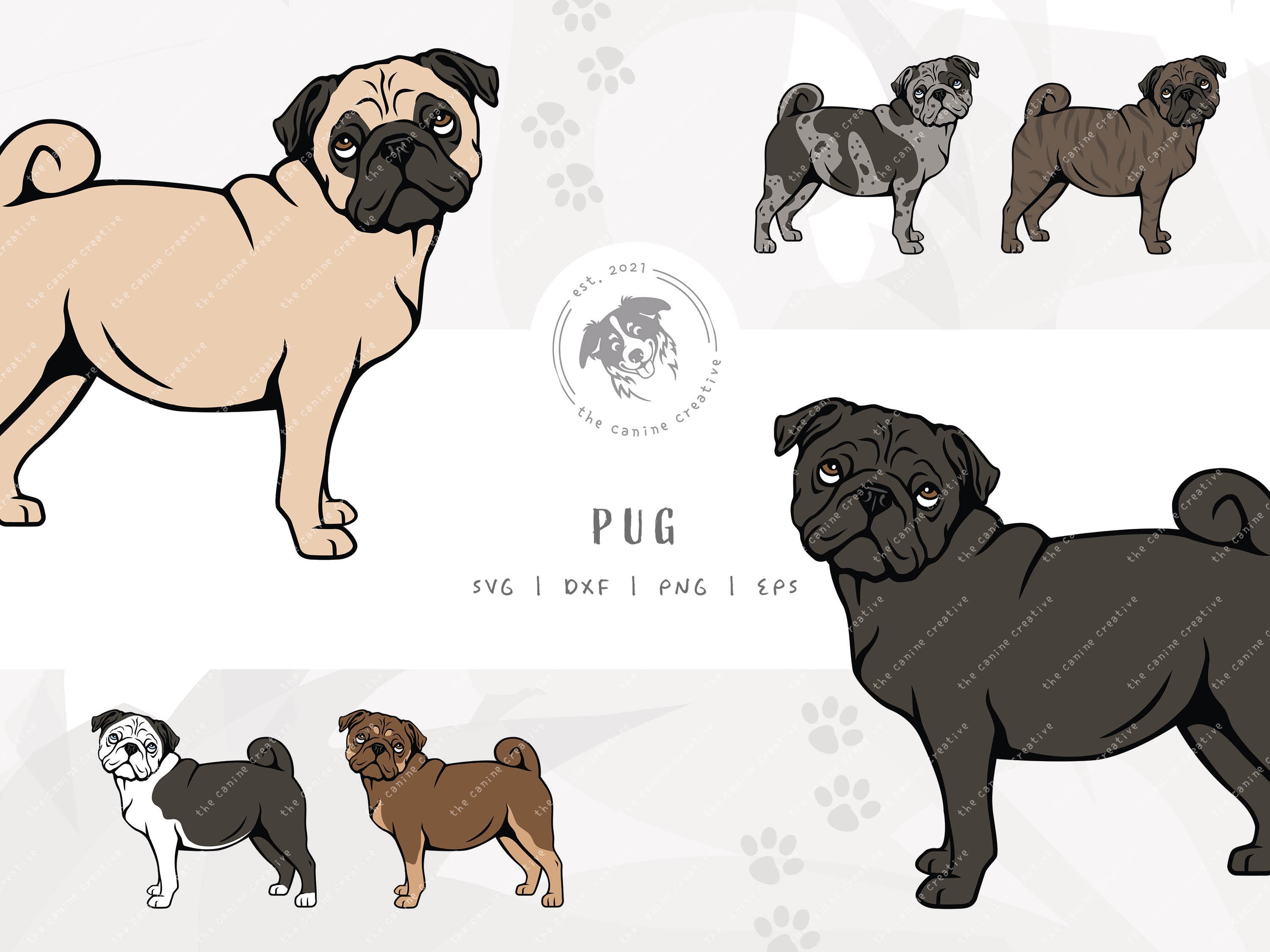 Pug SVG Standing Dog Design Brindle Pug Clip Art Fawn Pug
