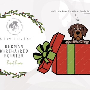 German Wirehaired Pointer svg, GWP Christmas SVG, Peeking Dog PNG, Gift Box svg, Dog Christmas svg, Christmas Present Clipart, Xmas Dog Art