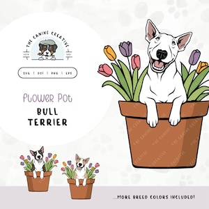 English Bull Terrier SVG | Cute Peeking Bully Breed Puppy in Flower Pot Clipart | DIY Easter Gift for Dog Lovers | Spring Wall Art Printable