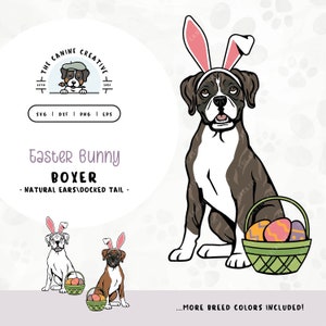 Boxer Dog with Floppy Ears SVG | DIY Dog Easter Bunny Gift | Puppy with Egg Basket Clipart PNG | Spring Illustration Wall Art Printable