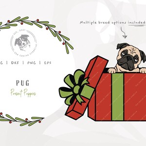 Pug Christmas SVG, Pug Clip Art, Peeking Dog PNG, Gift Box svg, Christmas Present Design, Vector Dog Breed Illustration, Cricut Cut File