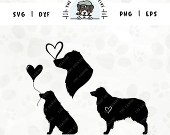 May include: Three black silhouette images of dogs with hearts. The first dog is holding a heart in its mouth. The second dog is holding a balloon with a heart on it. The third dog is standing with a heart on its chest.
