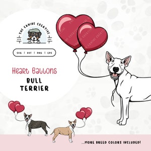 English Bull Terrier SVG | Dog with Heart Balloons Clipart | DIY Gift for Bully Breed Mama, Valentines, or Anniversary | Gotcha Day Pet PNG