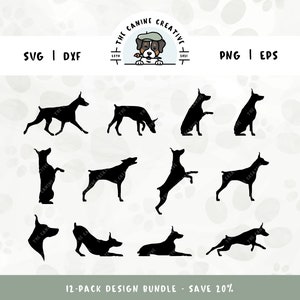 Op de afbeelding: Een set van 12 zwarte silhouetontwerpen van een Dobermann Pinscher in verschillende poses. De ontwerpen zijn perfect voor het maken van aangepaste ambachten, stickers en meer.