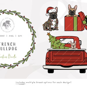 Frenchie Christmas SVG, French Bull Dog SVG, Gift Box PNG, Dog Santa Hat printable, Tangled Christmas Lights svg, Red Truck with Tree svg