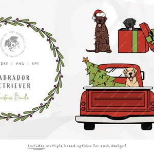 Labrador SVG Christmas, Lab Dog SVG, Gift Box png, Dog Santa Hat Art, Tangled Christmas Lights svg, Red Truck with Tree Clipart, Dog Vector