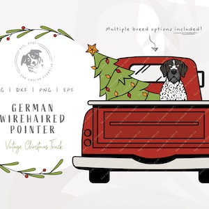 German Wirehaired Pointer SVG, GWP Christmas SVG, Red Vintage Truck png, Christmas Tree Clipart, Vector Dog Illustration, Printable Dog Art