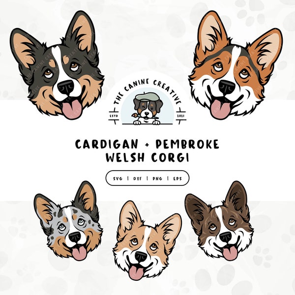 Corgi Dog SVG, Pembroke Welsh Corgi Face Clipart, Cardigan Welsh Corgi Head Artwork, Hand Drawn Dogs PNG, Dog Printable, Sublimation Design