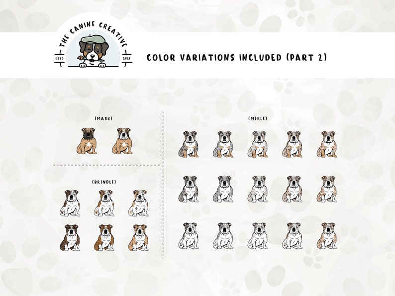 Part 2 of color variations included in this bundle include: black mask, mask with blaze, brindle, and merle.