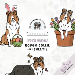 Könnte beinhalten: Ein Set aus drei digitalen Illustrationen zum Thema Frühling mit einem Rough Collie oder Sheltie Hund. Das erste Bild zeigt den Hund mit Hasenohren und einem Korb mit Ostereiern. Das zweite Bild zeigt den Hund in einem Blumentopf sitzend. Das dritte Bild zeigt den Hund mit Schmetterlingen, die um ihn herum fliegen. Der Text "Spring Bundle Rough Collie (or) Sheltie" und "Save 20% with this bundle!" ist im Bild enthalten.