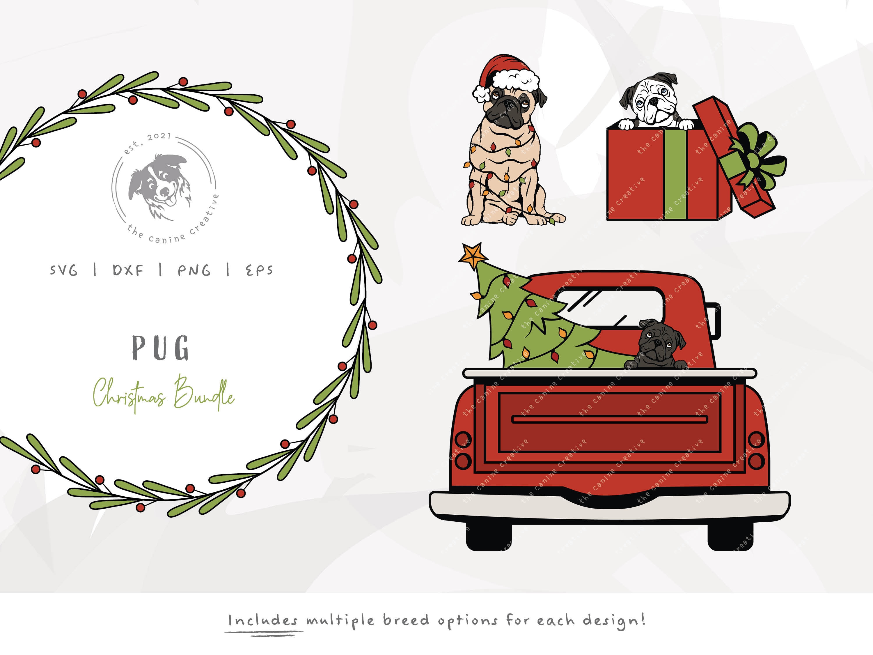 Pug Christmas SVG Bundle, Pug Clip Art, Gift Box PNG, Dog Santa Hat ...