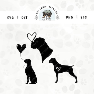 Op de afbeelding: Zwarte silhouet van een hond die een hartvormige ballon vasthoudt, met een ander hondensilhouet dat een hart op zijn borst heeft. De tekst "The Canine Creative" staat op de achtergrond.