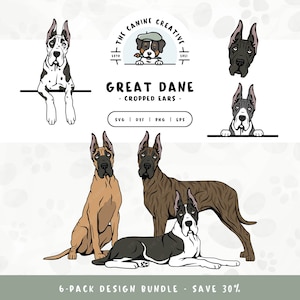 Great Dane SVG Cropped Ears, Hand Drawn Dogs PNG, Peeking Dogs, Cartoon Dog Face, Standing Dog, Sitting Dog, Laying Down Dog, Clipart Bundle