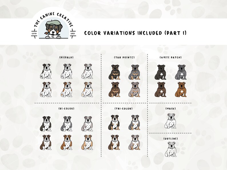 Part 1 of color variations included in this bundle include: piebald, tan points, solid with white patch, bi-color, tri-color, solid white, and outline.