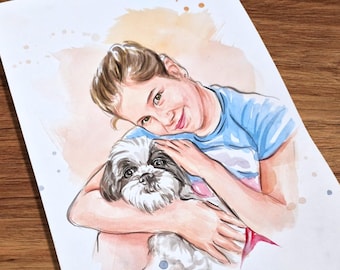Retrato personalizado de mascota y dueño: pintura de acuarela hecha a mano a partir de una foto