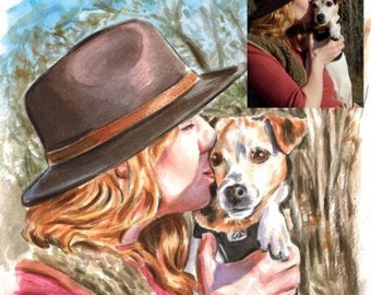 Retrato personalizado de mascota y dueño: pintura de acuarela hecha a mano