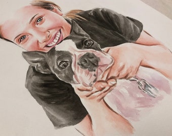 Retrato personalizado de mascota y dueño en acuarela: regalo artístico dibujado a mano