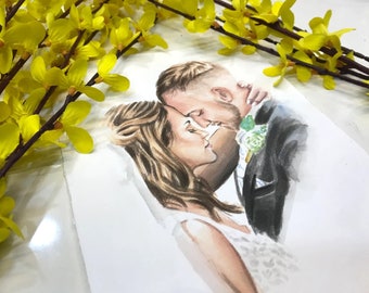 Retrato de casal em aquarela personalizado, presente de aniversário de casamento