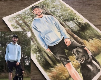 Retrato personalizado de mascota y dueño, pintura de acuarela hecha a mano