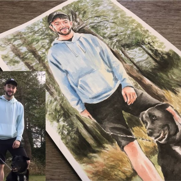 Haustier Porträt mit Frau und Mann, Geschenk für Ihn, Hund mit Herrchen Porträt, Haustier und Frau Portrait, Hund Frau Portrait