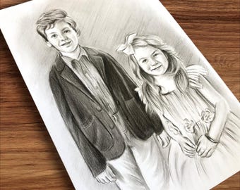 Custom Charcoal Portrait: Hand-Drawn Pencil Art, Gift for Loved Ones
