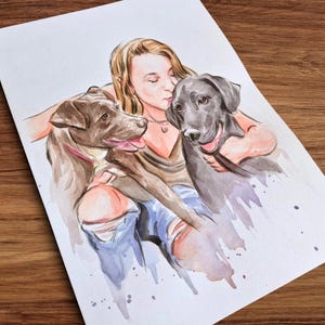 op maat gemaakt handgetekende huisdierenportret met schilderij van eigenaar, hond en eigenaar, portret van huisdier en eigenaar